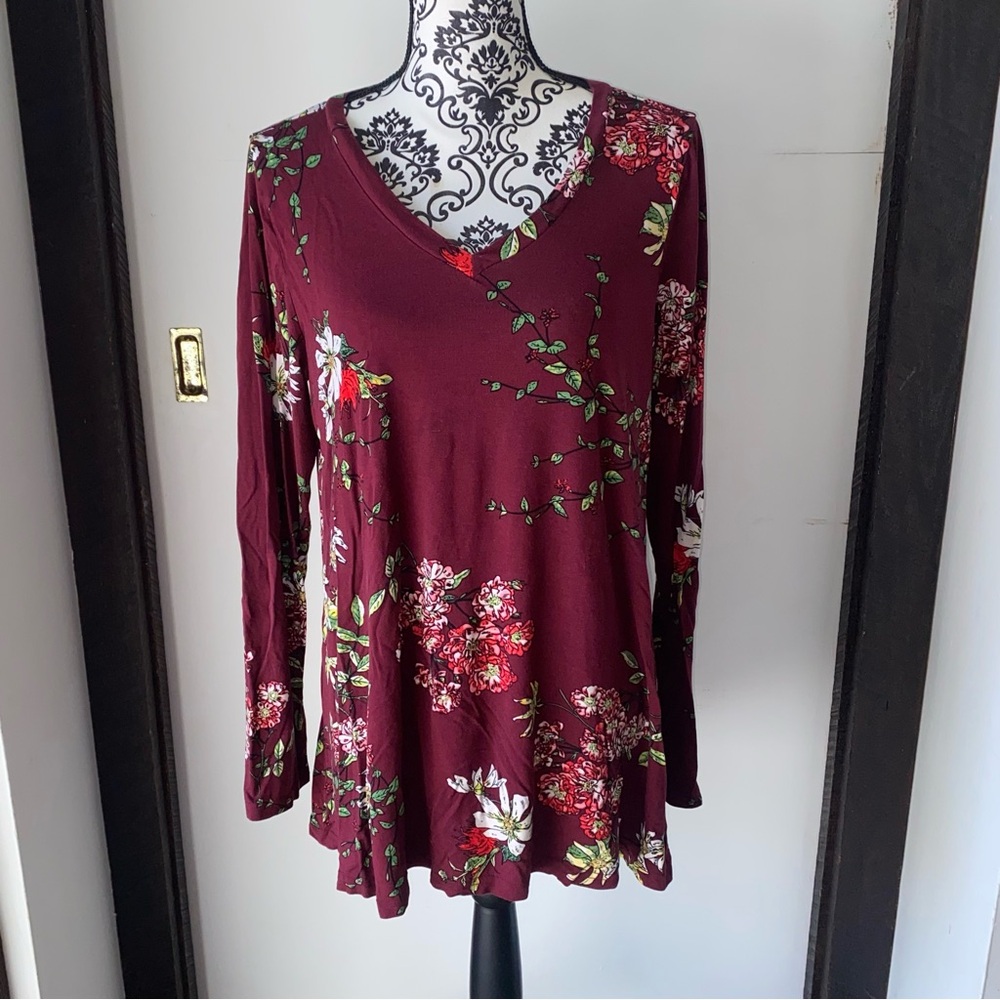 Awuliffan Size XL Maroon Long Sleeve V-Neck Floral Tunic Shirt